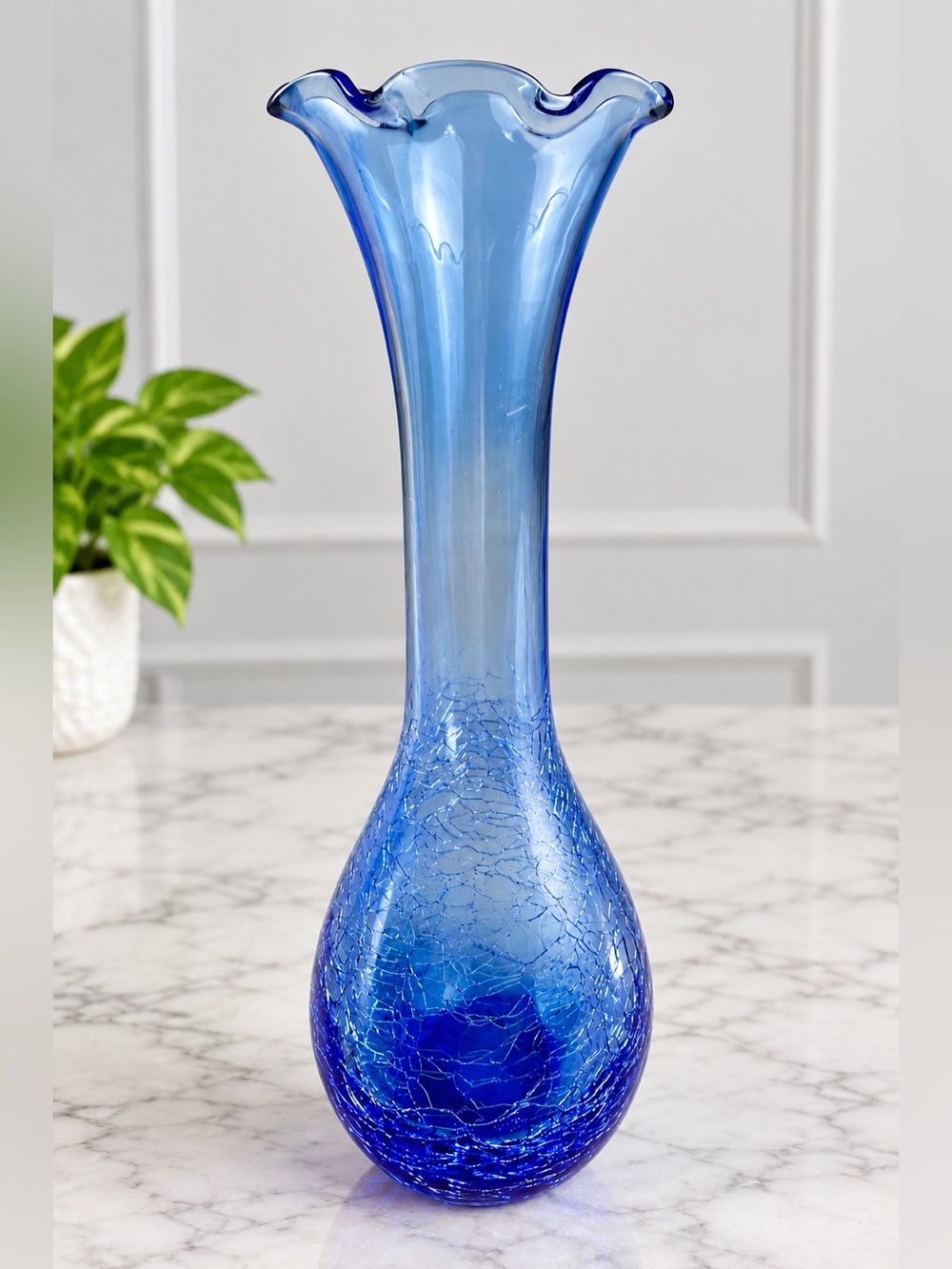 Blue Crackle Glass Vase 8” Ruffled Wavy Rim Decorative